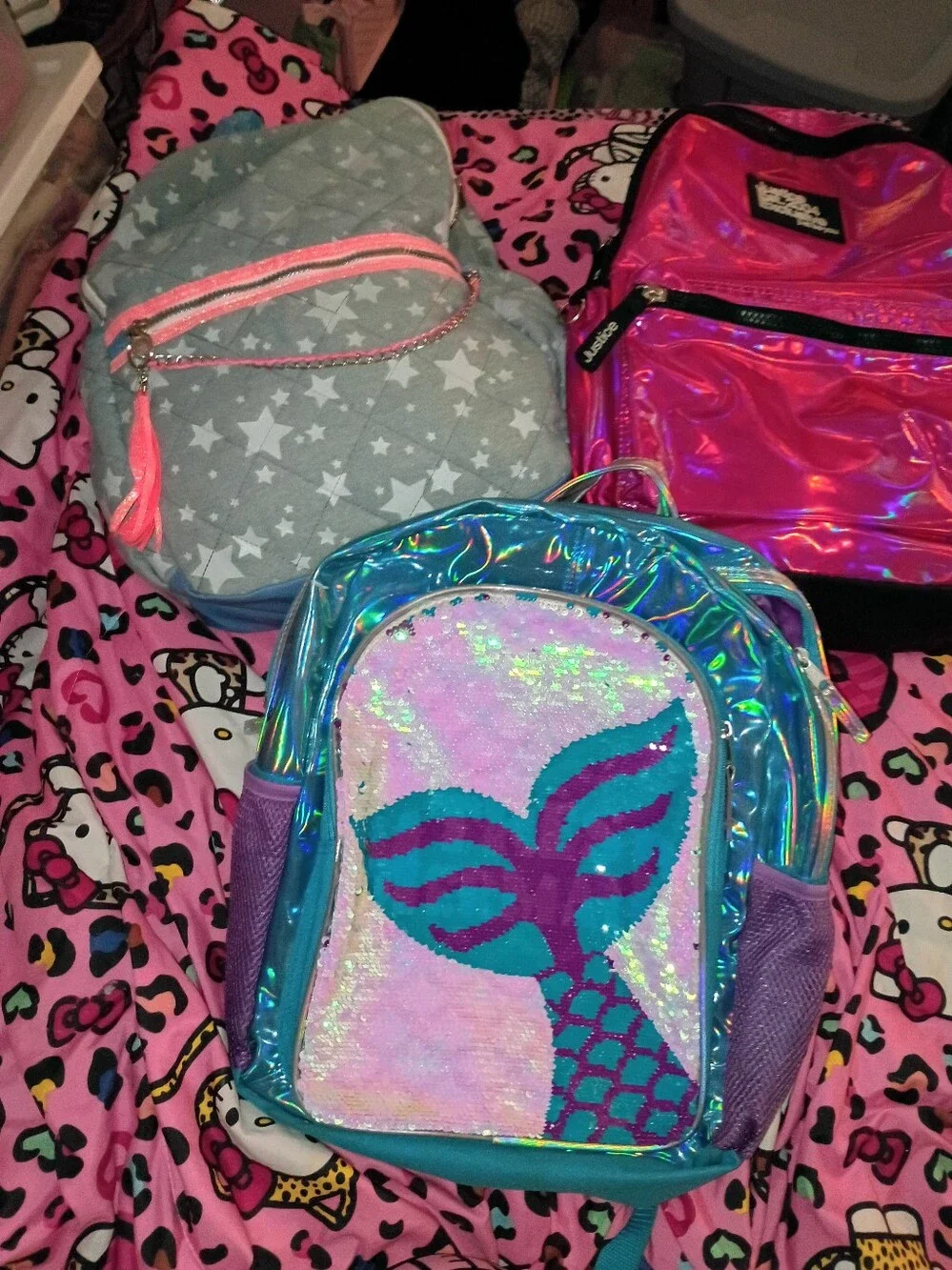 3 Justice Pink Holographic, Mermaid Sequin, & Denim Stars 3 Book Bag Bunder